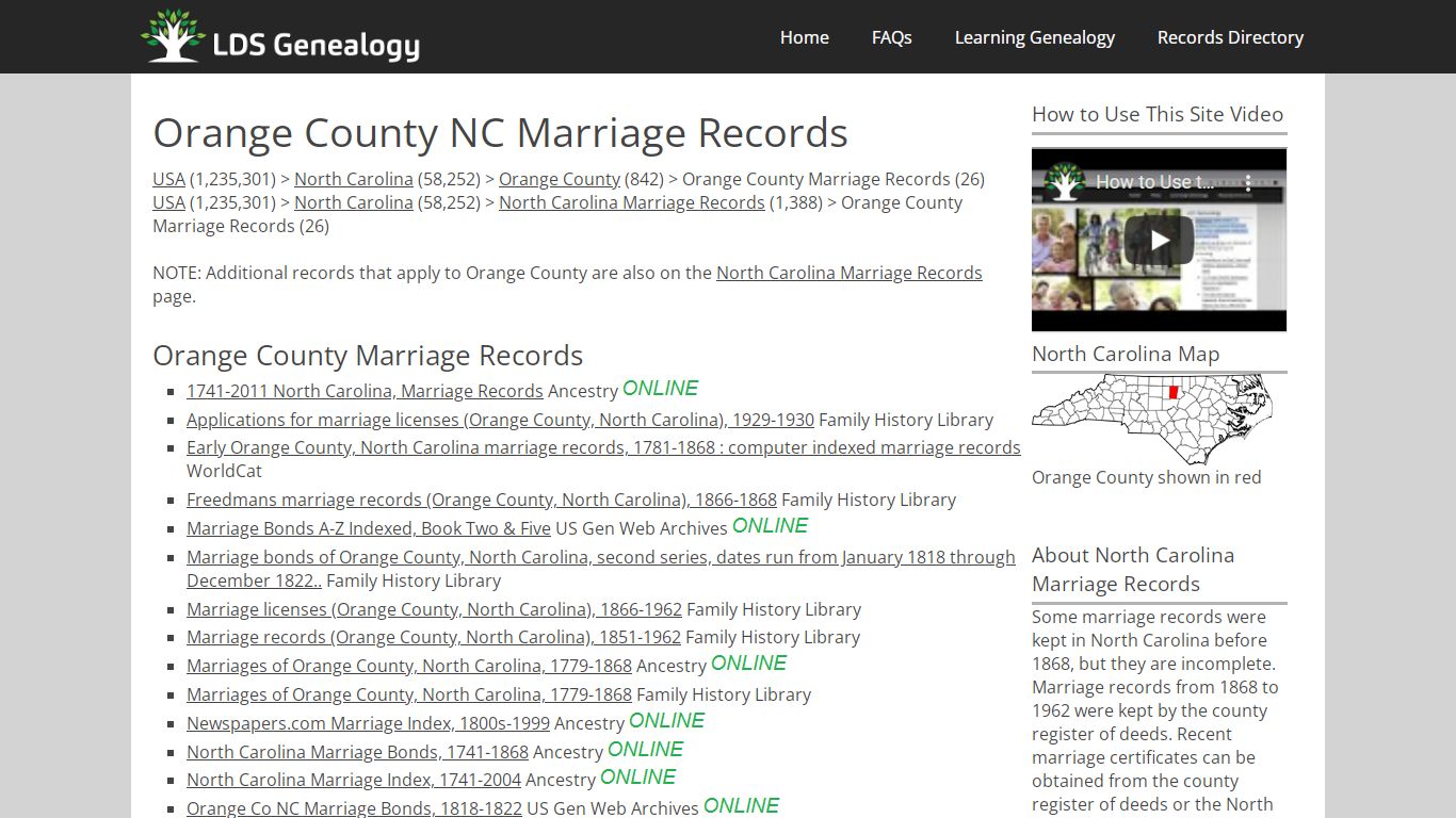 Orange County NC Marriage Records - LDS Genealogy